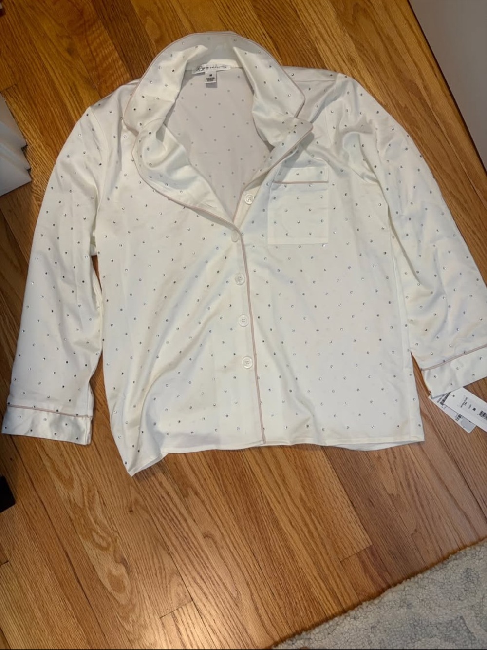 Cream Polka Dot Satin-Trim Pajama Top